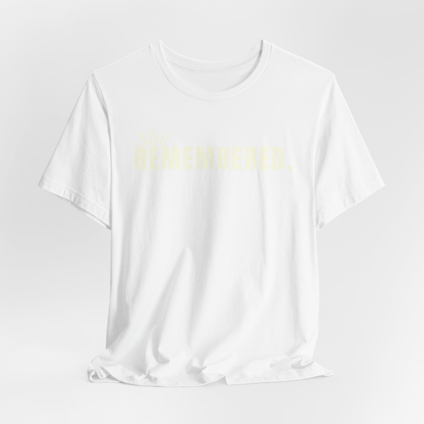 She Remembered Minimalist White Tee — Subtle Text Graphic T-Shirt