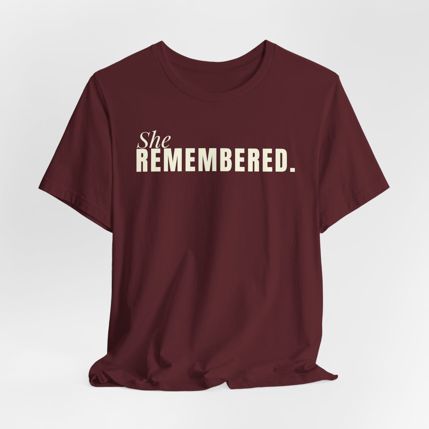 She Remembered Minimalist White Tee — Subtle Text Graphic T-Shirt