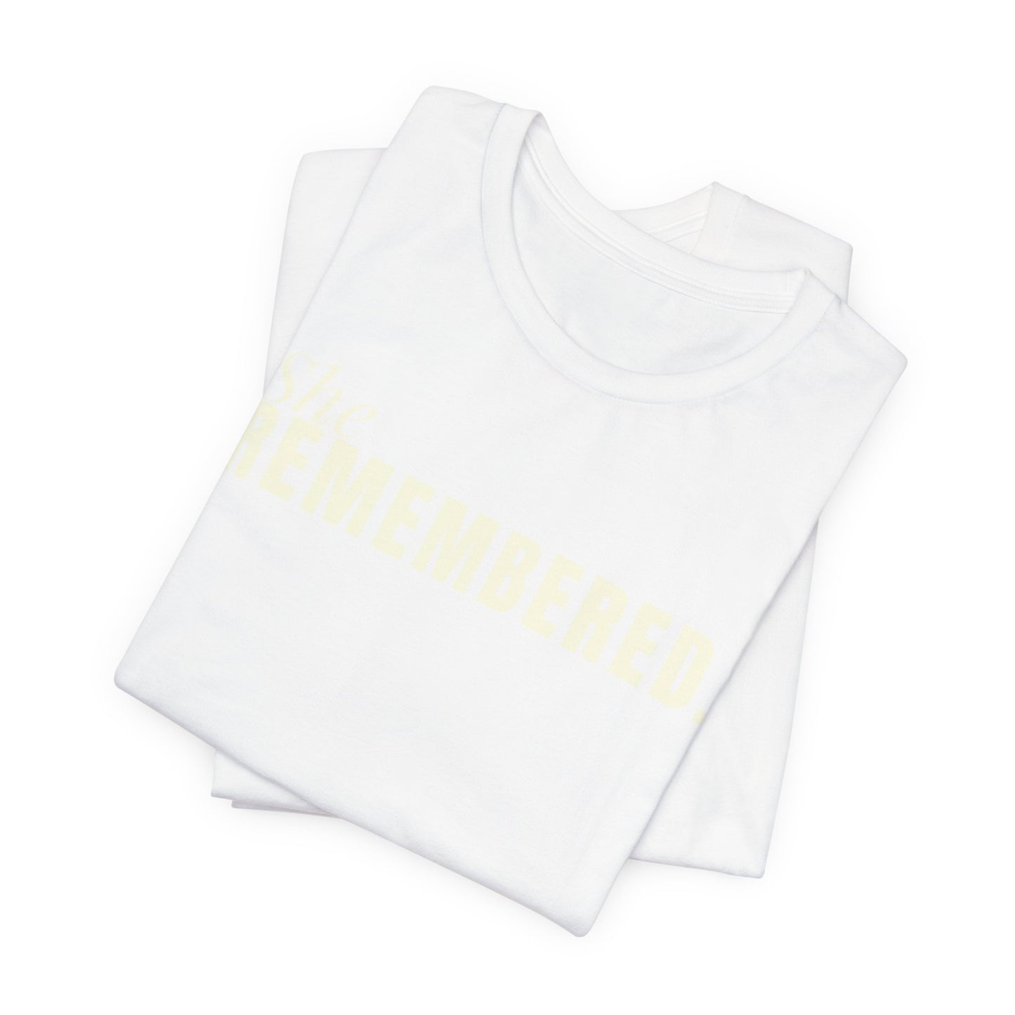 She Remembered Minimalist White Tee — Subtle Text Graphic T-Shirt